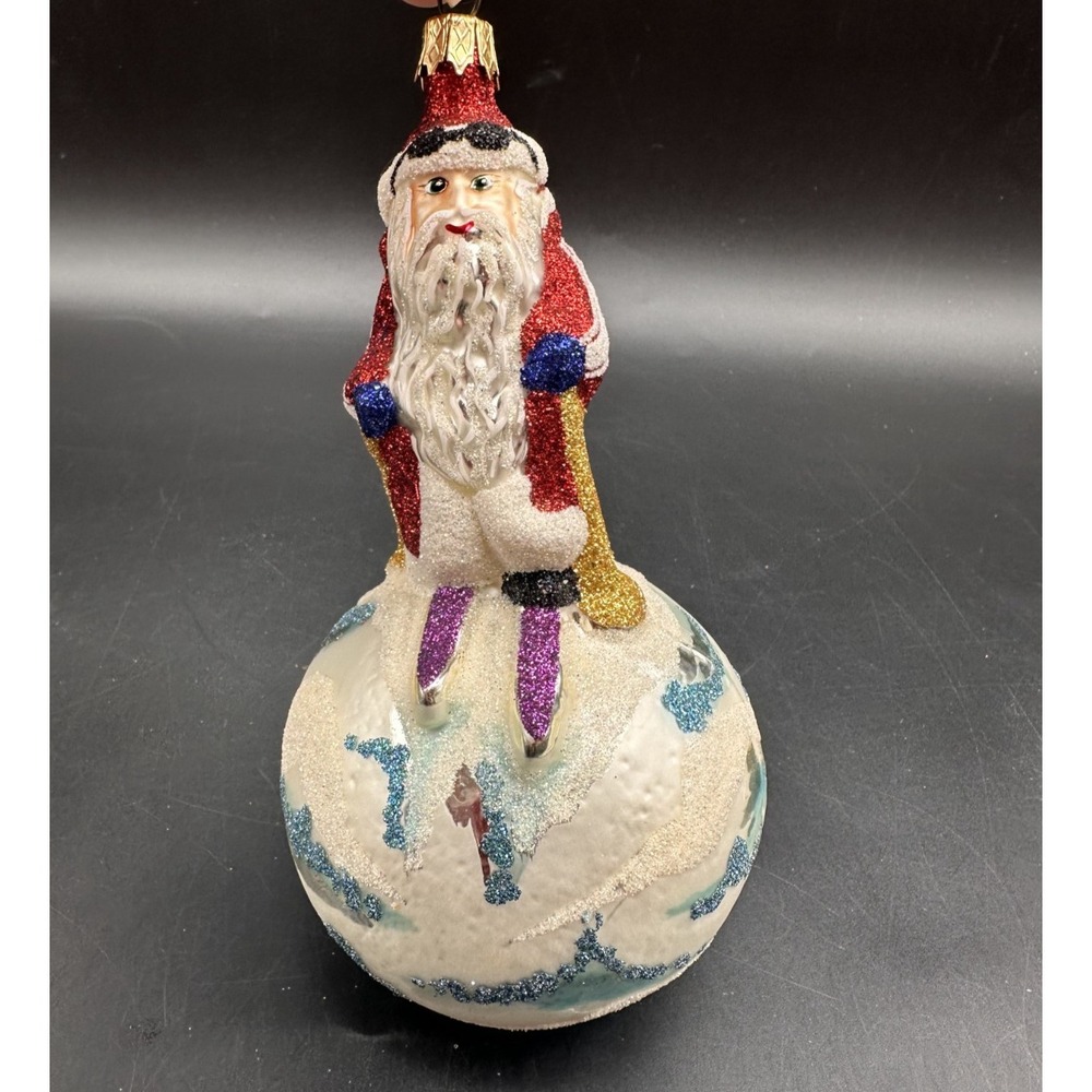 LARRY FRAGA SKIING SANTA ORNAMENT 6" SKIING ON TOP OF THE WORLD